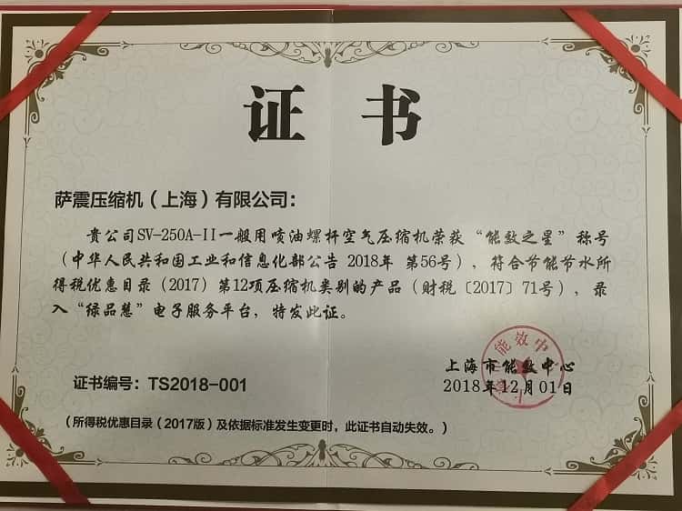 薩震節(jié)能空壓機能效之星